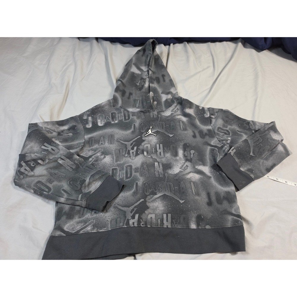 Jordan Boys XL Grey Black All Over Print Jumpman Logo Fleece Hoodie Sweatshirt